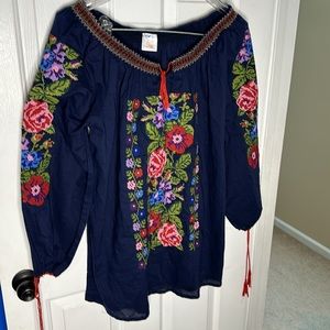 Boho Blue Floral Embroidered Rose Top